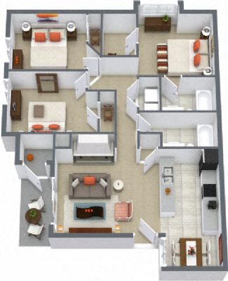 Floor plan for 3 beds, 2 baths, 1135 sqft